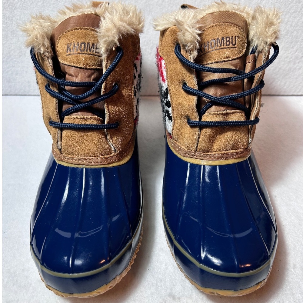 Khombu Womens Navy Blue Duck Boots Fair Isle Faux Fur Lined Ankle Boots Size 10